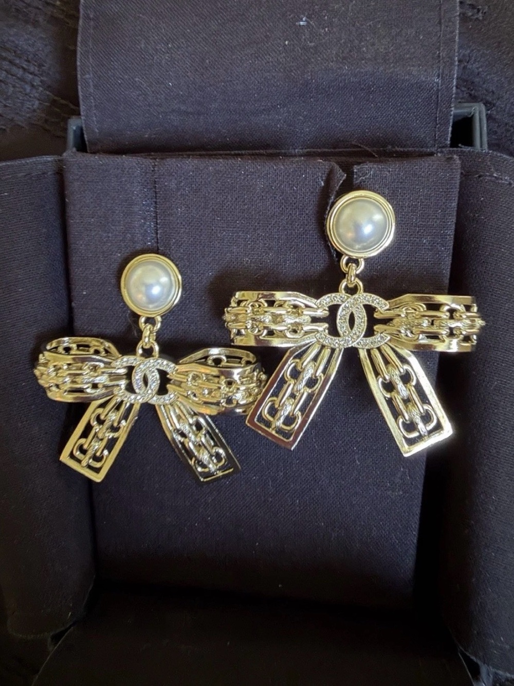 CHANEL Gold Silver Bow Drop stud Earrings with Pearl Top